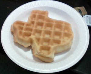 Waffle made with the Texas-shaped waffle iron at the Dallas La Quinta breakfast area